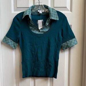 LOFT Teal Layered Blouse with Patterned Accents